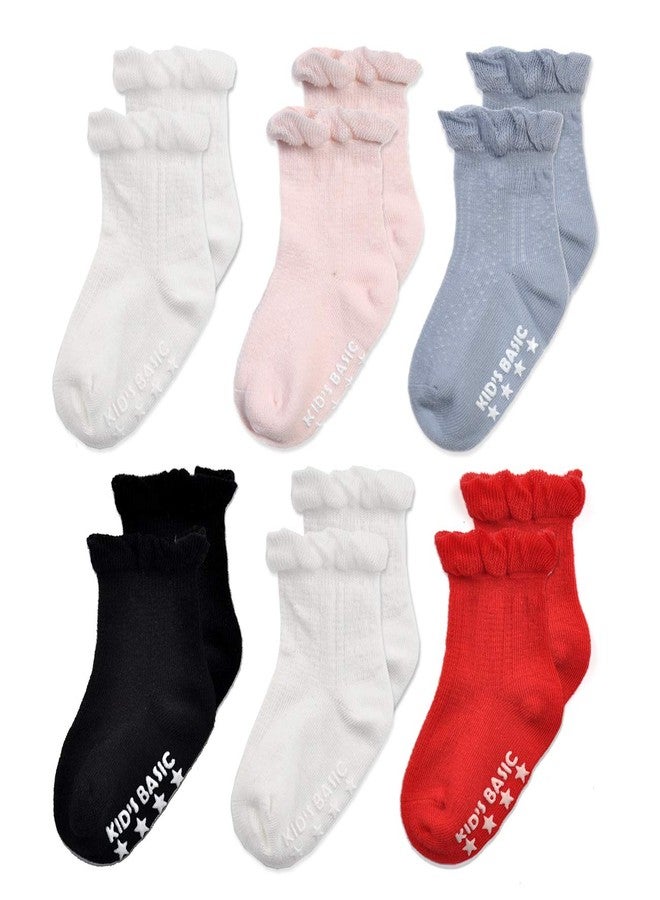 EPEIUS 6 Pairs Little Girls Non Slip Ruffle Frilly Socks Pointelle Toddlers Crew Socks with Grips Natural White/Black/Red/Pink/Grey Blue,3-5 Years - Image 1